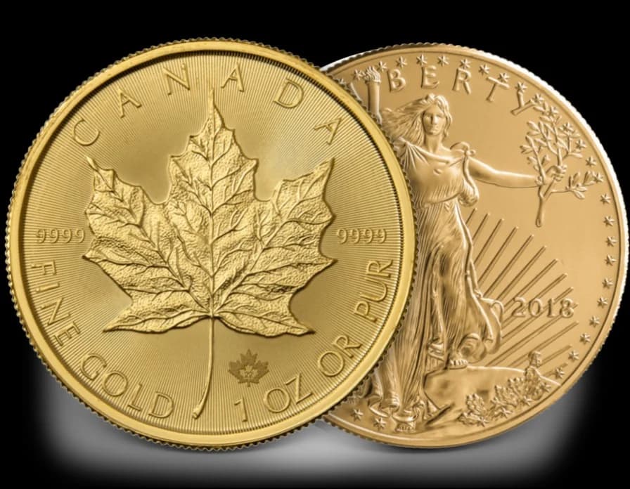 Gouden beleggingsmunten van 1 troy ounce, o.a. Canadian Maple Leaf en American Eagle, munten inkoop en verkoop